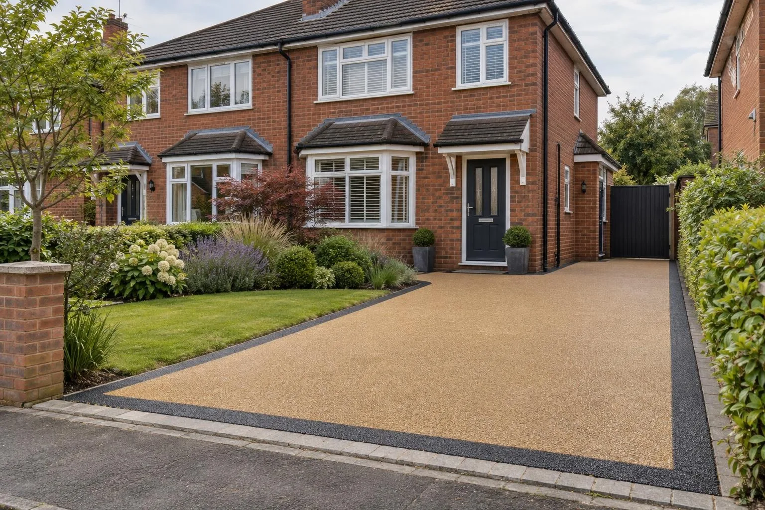 Permeable block paving drive in front of a post-war brick semi-detached house in Bletchley
