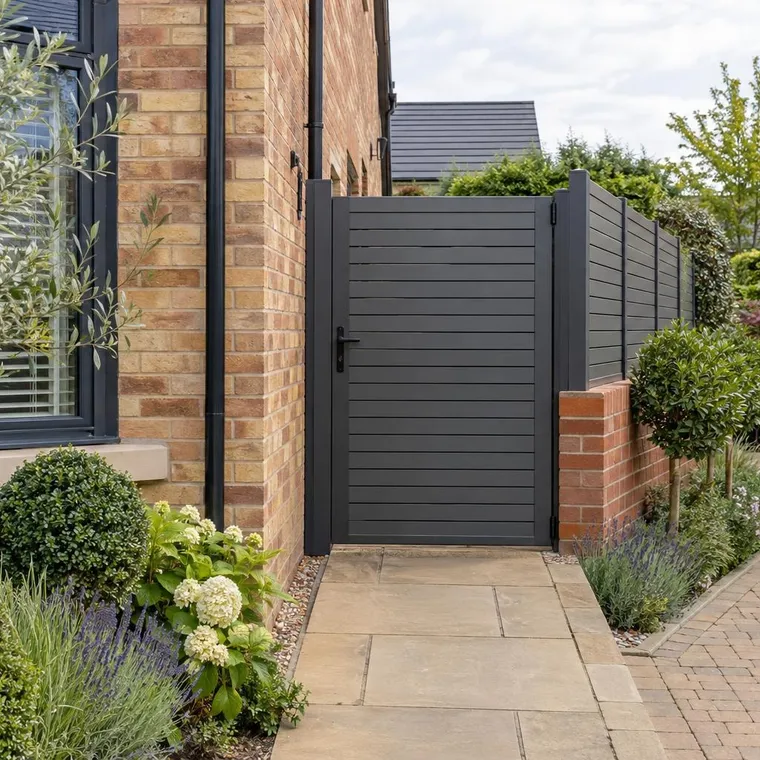 A composite slatted pedestrian side gate matching fencing beside a brick house driveway