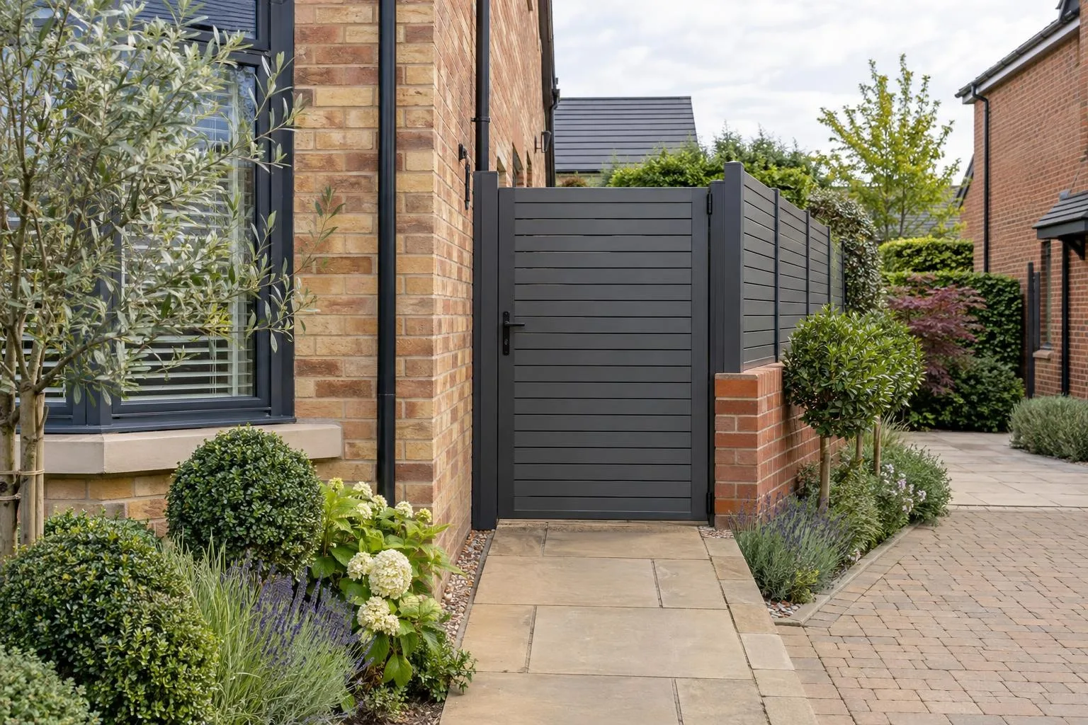 Automated grey sliding gate across a block-paved estate drive in Cranfield, Bedfordshire