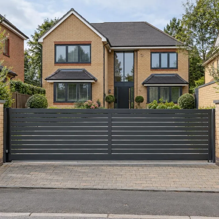 A grey aluminium slatted sliding electric gate across the drive of a large buff brick detached house, block paving