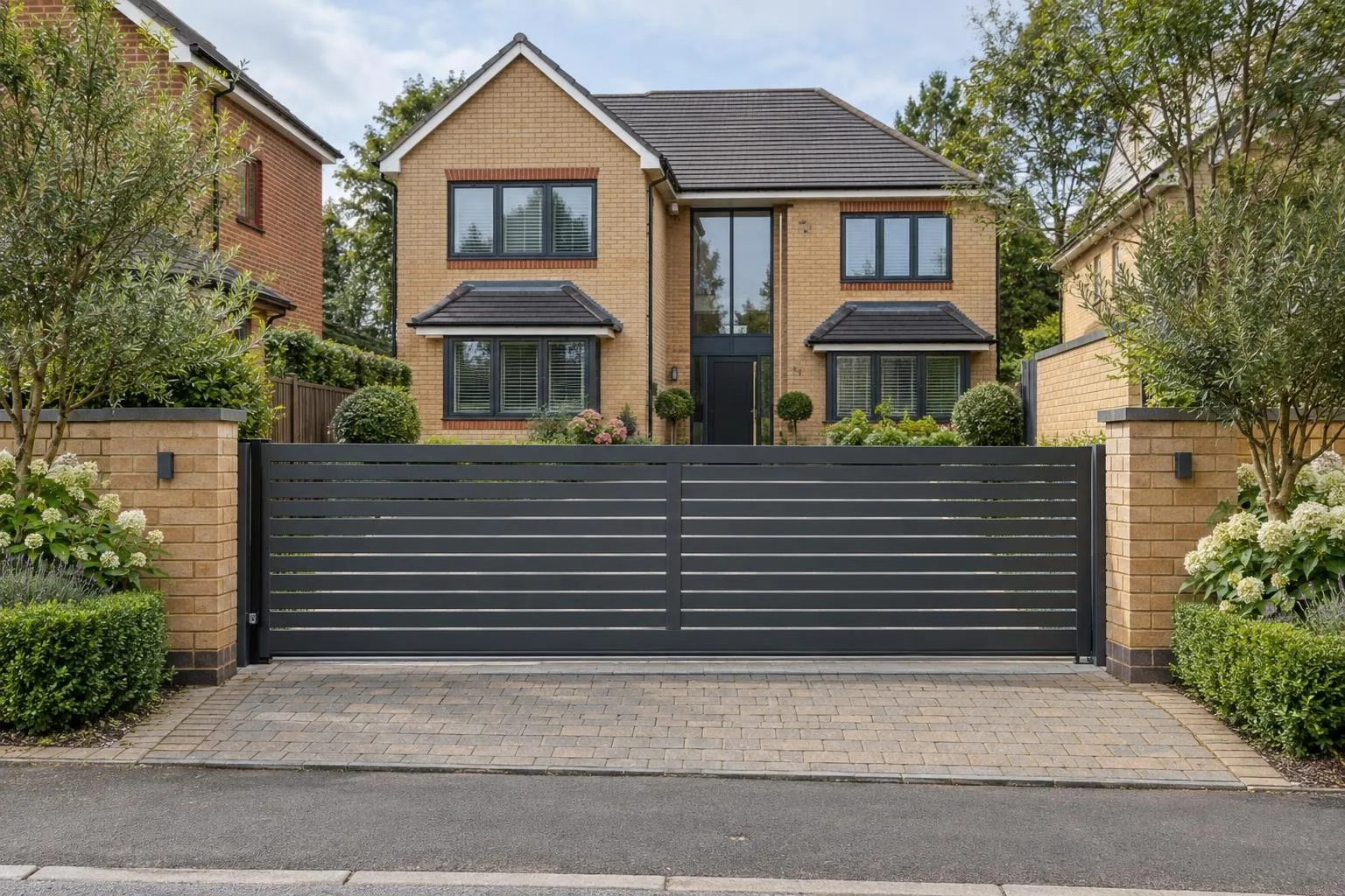 A grey aluminium slatted sliding electric gate across the drive of a large buff brick detached house, block paving A grey aluminium slatted sliding electric gate across the drive of a large buff brick detached house, block paving