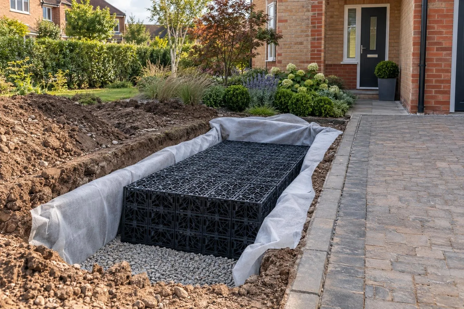 Former front garden turned into a block-paved driveway with a channel drain in Towcester