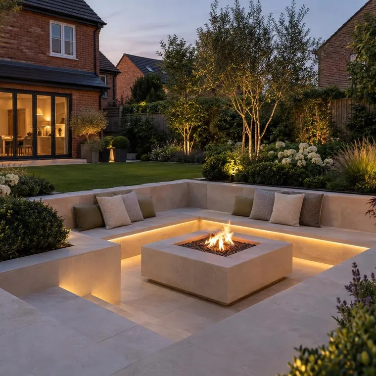 A sunken seating area in porcelain with built-in benches around a square fire pit at dusk, brick house garden