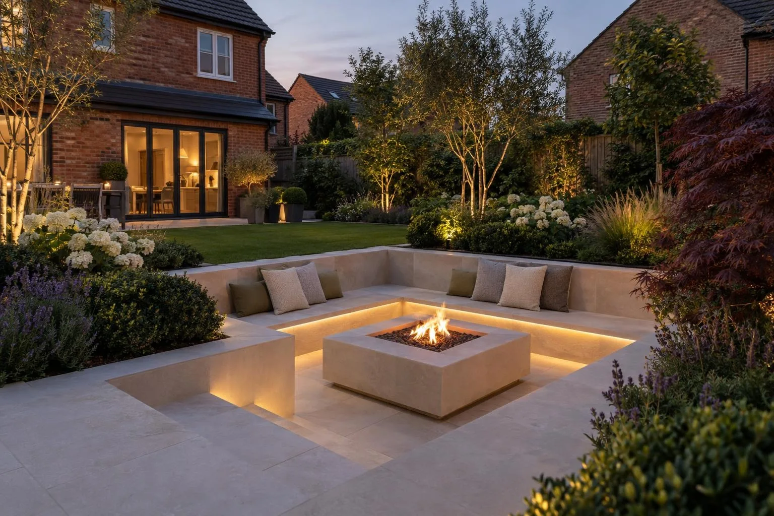 A sunken seating area in porcelain with built-in benches around a square fire pit at dusk, brick house garden A sunken seating area in porcelain with built-in benches around a square fire pit at dusk, brick house garden