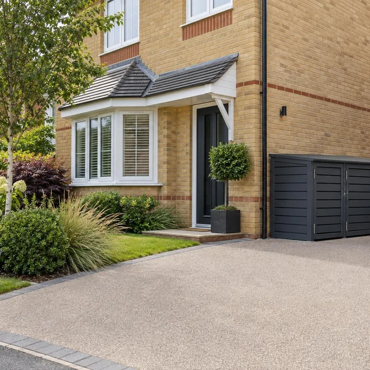An anthracite three-bin store beside a resin driveway at a buff brick detached house