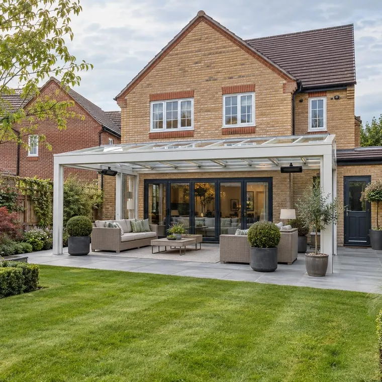 White aluminium glass-roofed veranda with outdoor sofas and heaters on a grey patio behind a buff brick detached house