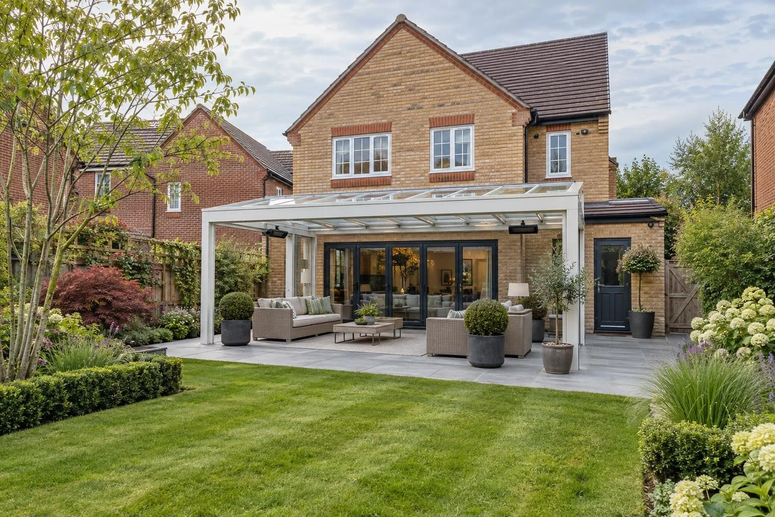 Aluminium and glass veranda fixed to the back of a brick house in Milton Keynes Aluminium and glass veranda fixed to the back of a brick house in Milton Keynes