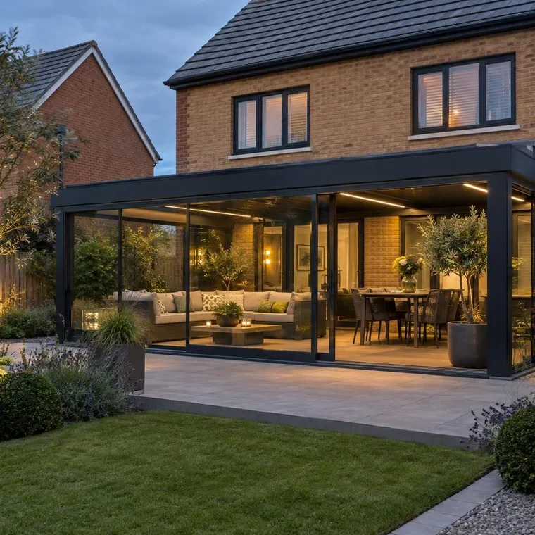 Black veranda with glass sliding side walls forming a garden room on a patio behind a modern brick house, evening light