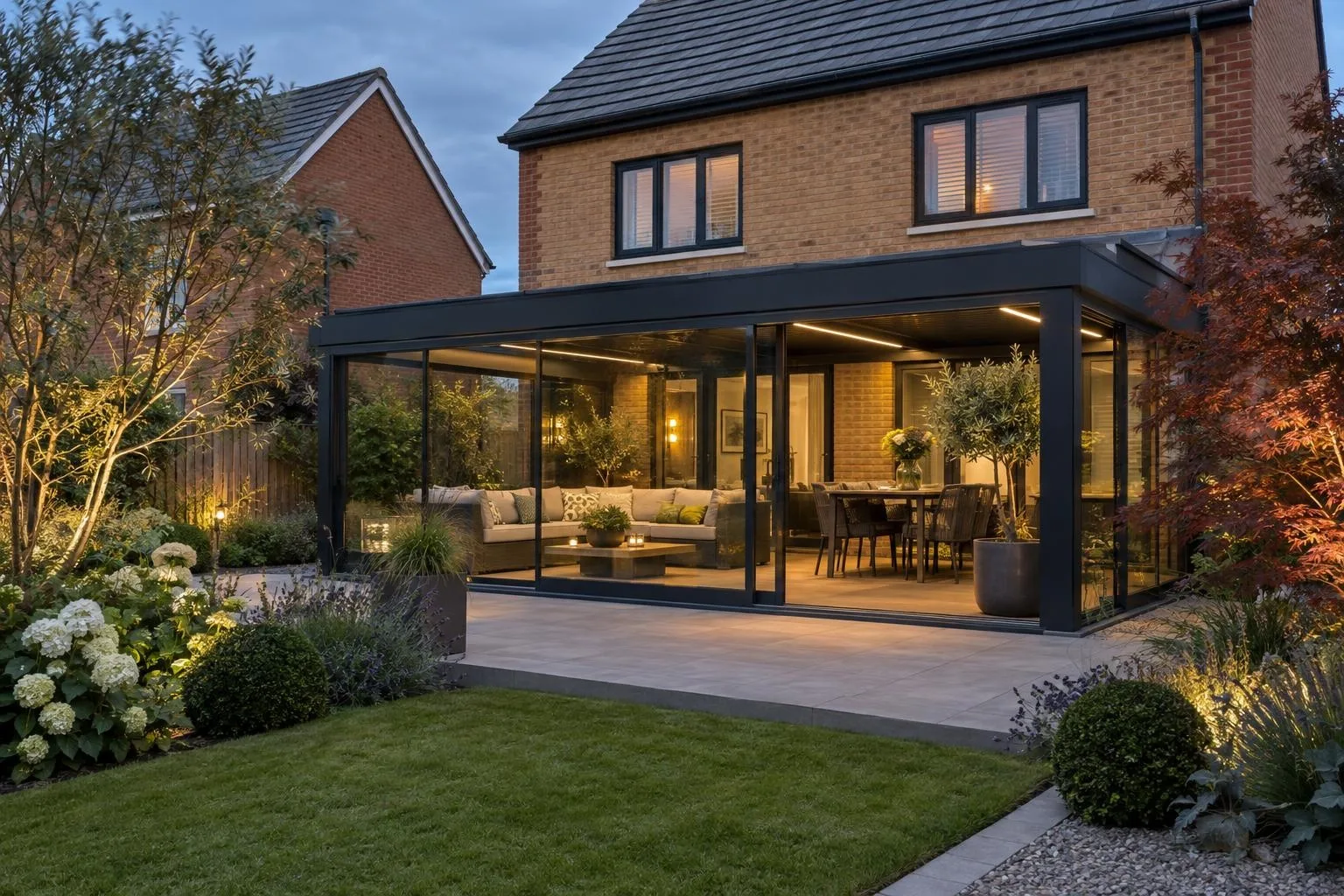 Aluminium veranda with glass roof over a rear yard behind an ironstone house in Towcester