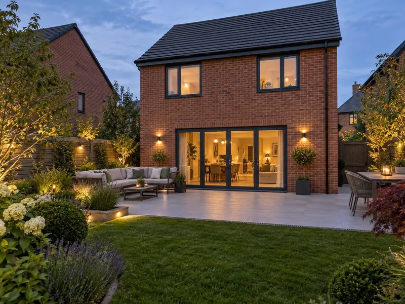 Porcelain patio on a new-build red-brick home, typical of Cranfield