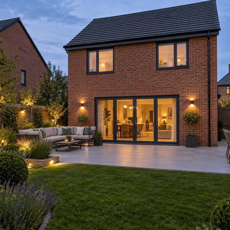 Porcelain patio on a new-build red-brick home