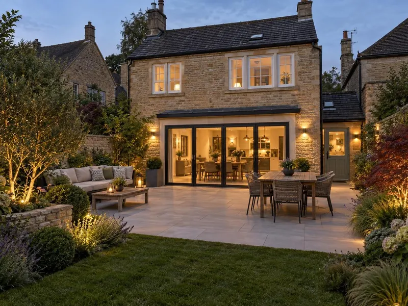 Porcelain patio on a limestone cottage, typical of Olney