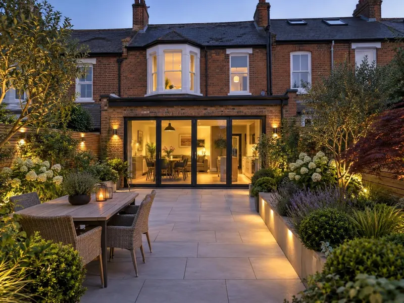 Porcelain patio on a Victorian terraced house, typical of Wolverton