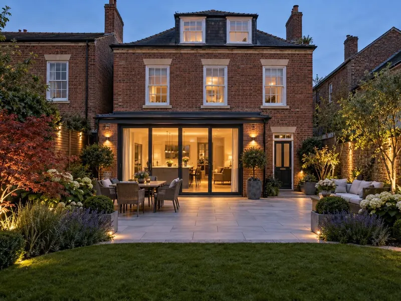 Porcelain patio on a Georgian brick and stone house, typical of Ampthill