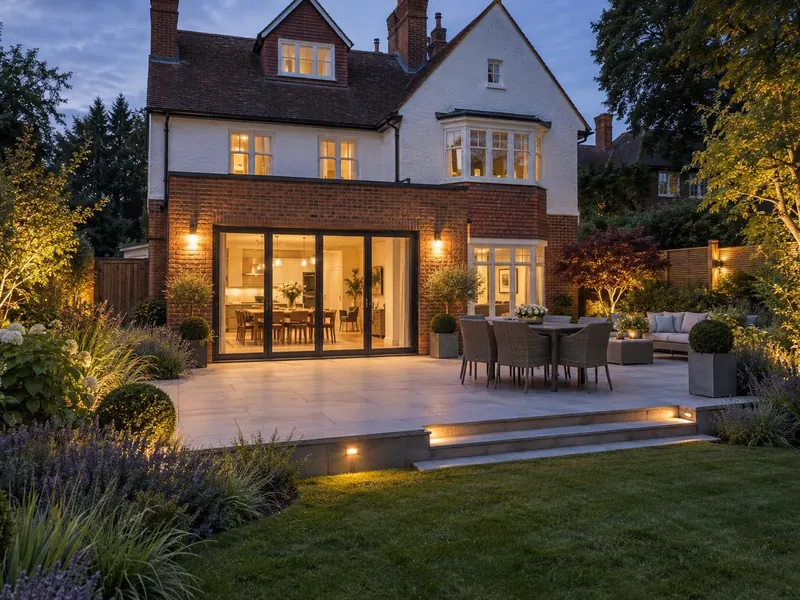Porcelain patio on a larger detached house, typical of Bow Brickhill