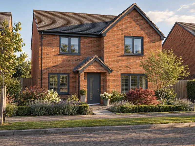 Porch on a new-build red-brick home, typical of Cranfield