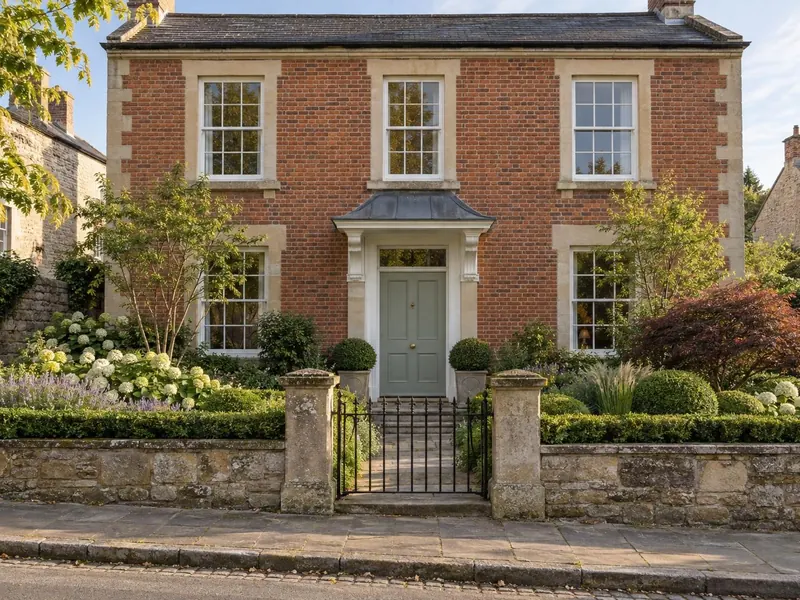 Porch on a Georgian brick and stone house, typical of Ampthill