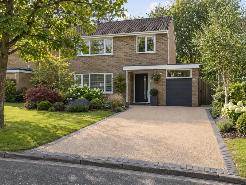 Resin bound driveway on a 1970s–80s Milton Keynes estate house, typical of Bletchley