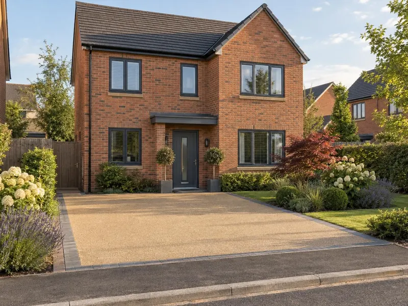 Resin bound driveway on a new-build red-brick home, typical of Cranfield