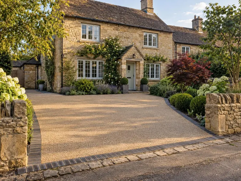 Resin bound driveway on a limestone cottage, typical of Olney
