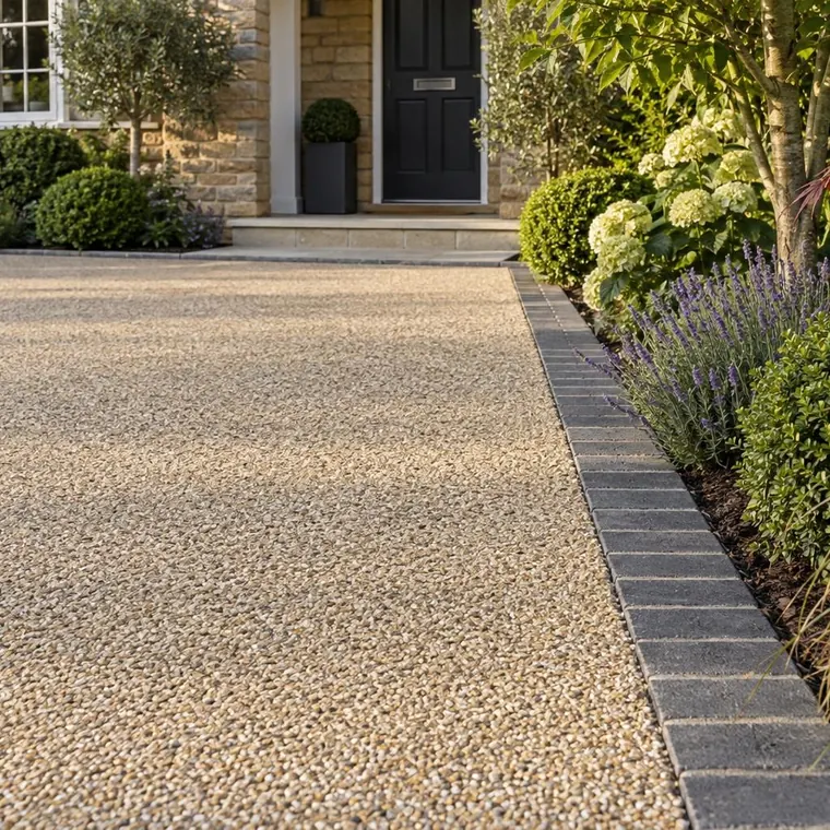 Close view of resin bound surface meeting charcoal block edging