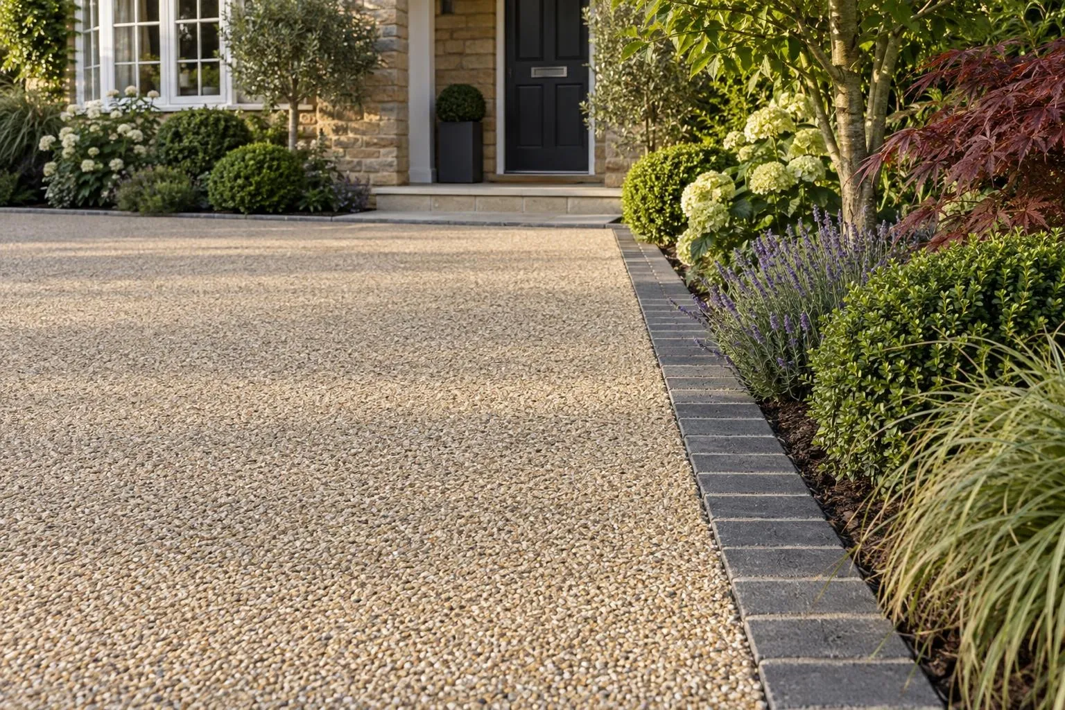 Close view of resin bound surface meeting charcoal block edging