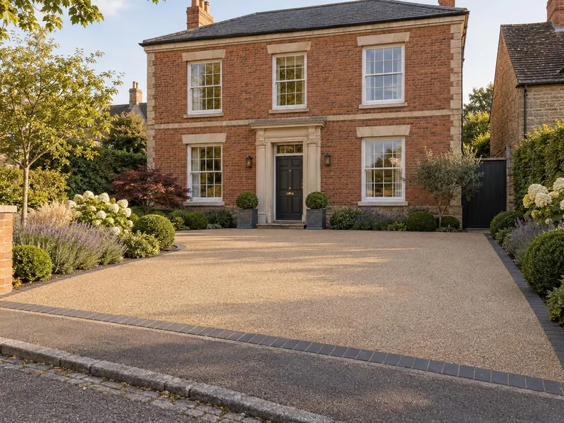 Resin bound driveway on a Georgian brick and stone house, typical of Ampthill