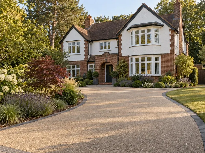 Resin bound driveway on a larger detached house, typical of Bow Brickhill