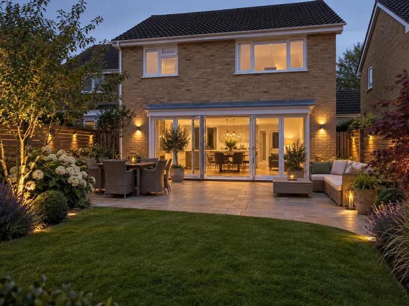 Sandstone patio on a 1970s–80s Milton Keynes estate house, typical of Bletchley