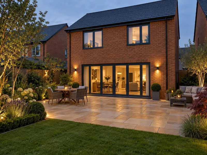 Sandstone patio on a new-build red-brick home, typical of Cranfield