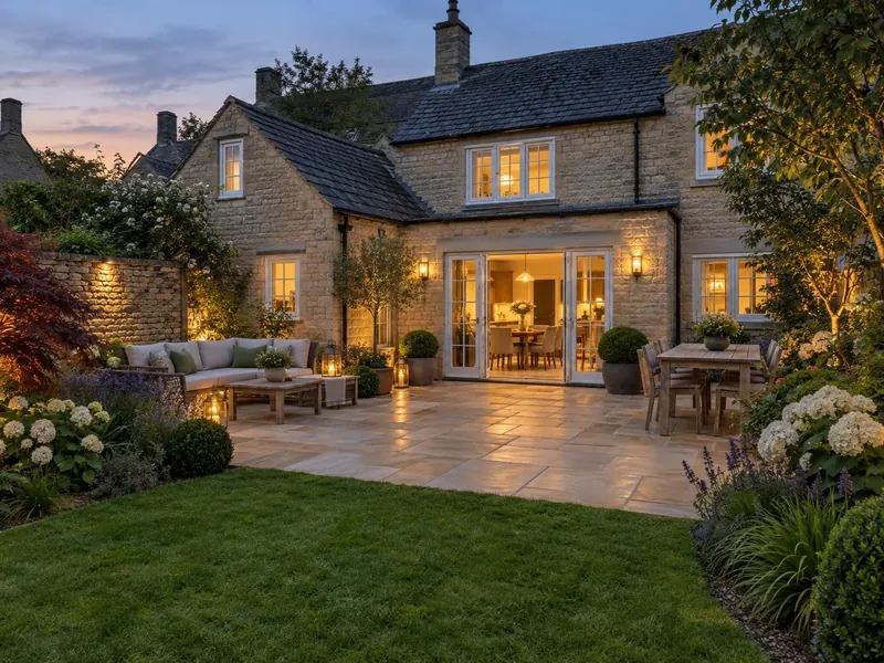 Sandstone patio on a limestone cottage, typical of Olney