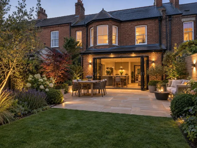 Sandstone patio on a Victorian terraced house, typical of Wolverton
