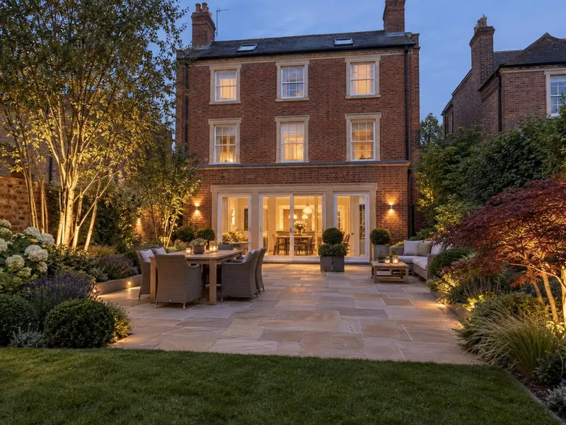 Sandstone patio on a Georgian brick and stone house, typical of Ampthill