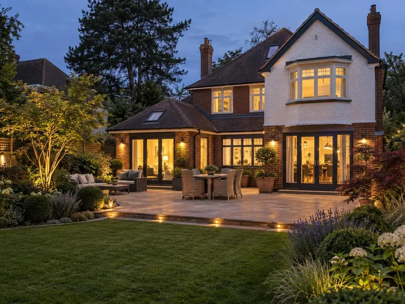 Sandstone patio on a larger detached house, typical of Bow Brickhill