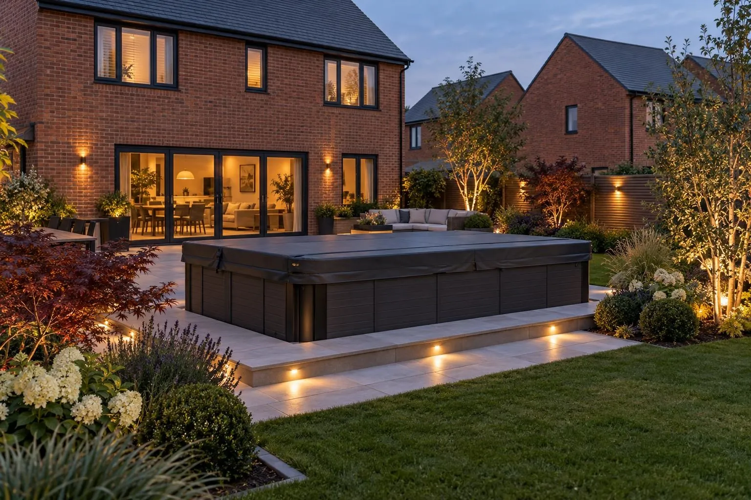 Hot tub and swim spa base on a new-build red-brick home, typical of Leighton Buzzard