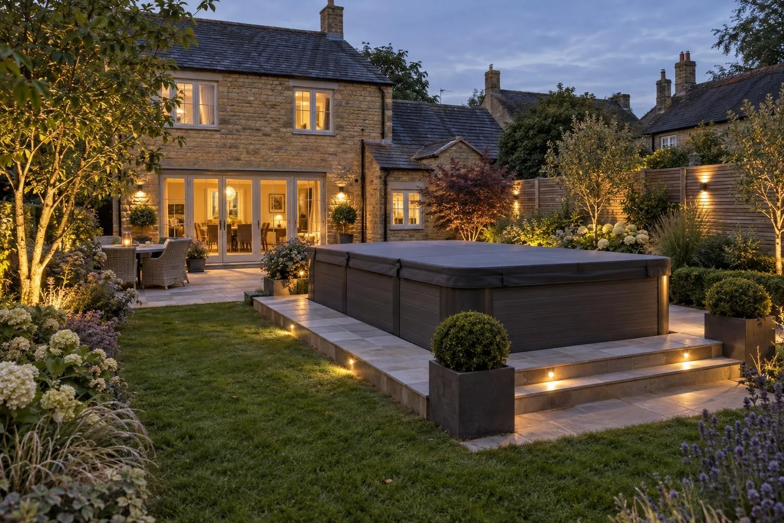 Hot tub and swim spa base on a limestone cottage, typical of Towcester