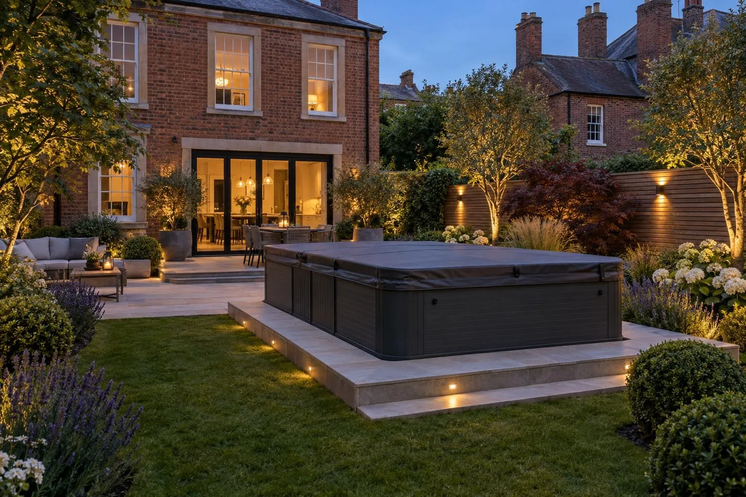 Hot tub and swim spa base on a Georgian brick and stone house, typical of Ampthill