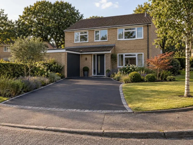 Tarmac driveway on a 1970s–80s Milton Keynes estate house, typical of Bletchley