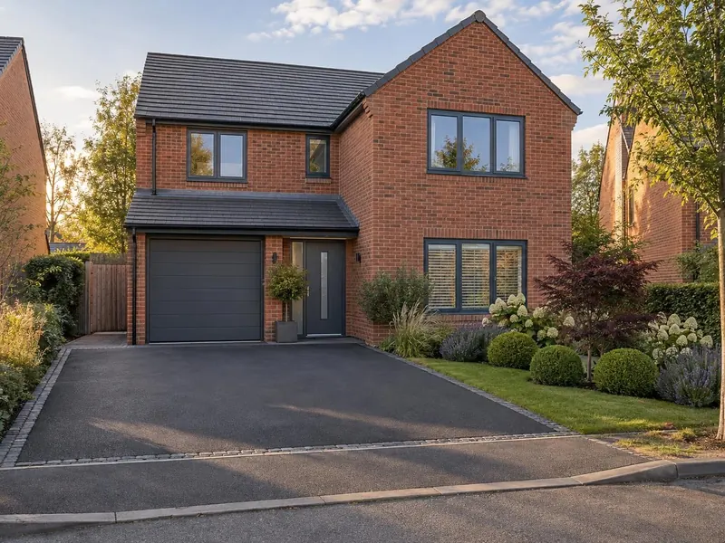 Tarmac driveway on a new-build red-brick home, typical of Cranfield
