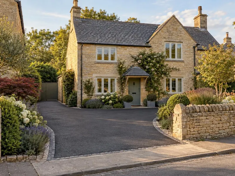 Tarmac driveway on a limestone cottage, typical of Olney