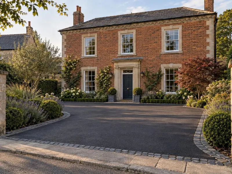 Tarmac driveway on a Georgian brick and stone house, typical of Ampthill